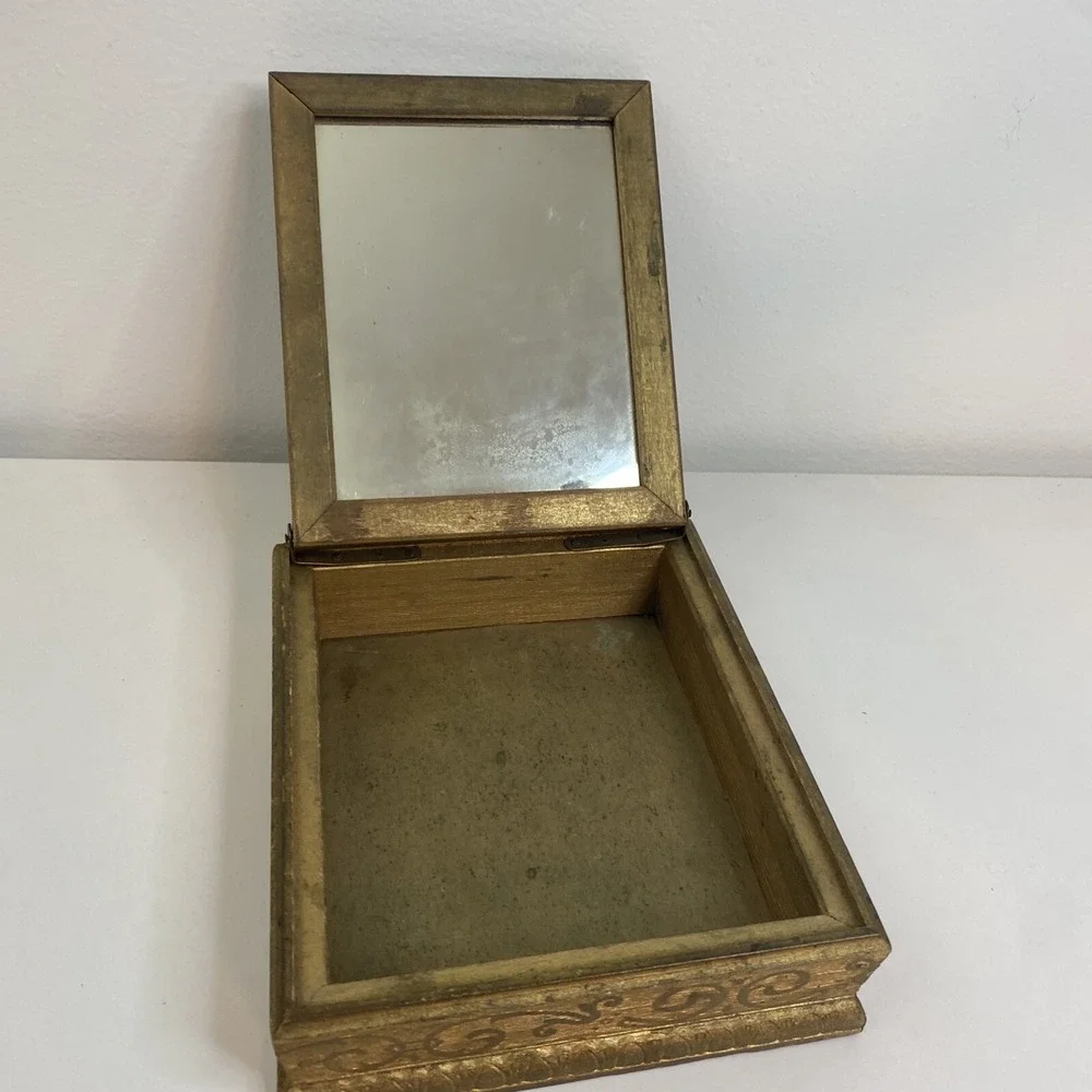 Vintage Wood Vanity Dresser Gold Jewelry Box Mirror 5x6